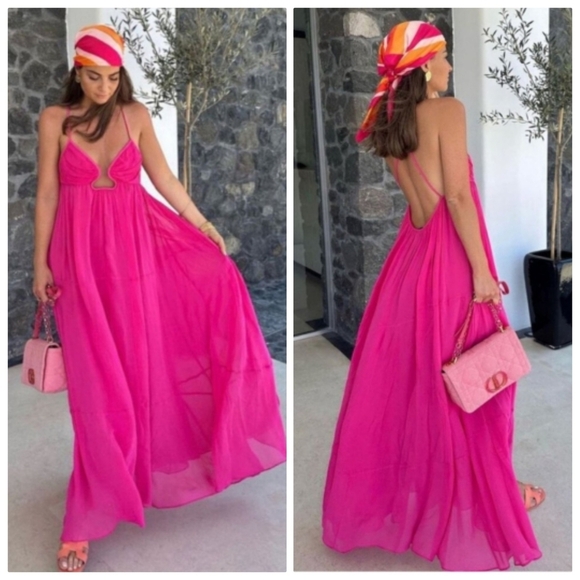 New Zara Pink Chiffon Flowy Open Back Maxi Dress Blogger Favorite NWT Medium - Picture 1 of 17